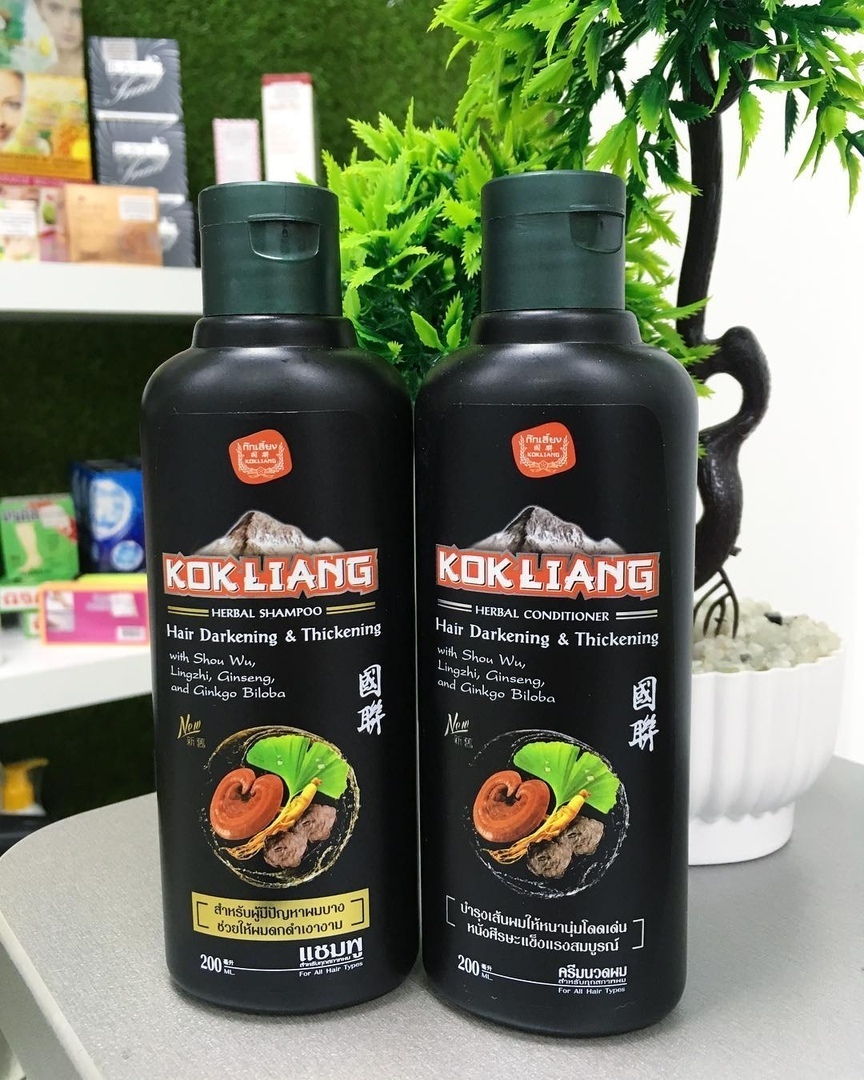 Тайский шампунь и кондиционер от выпадения для темных волос Kokliang Hair Darkening & Thickening 200 мл. купить в москве